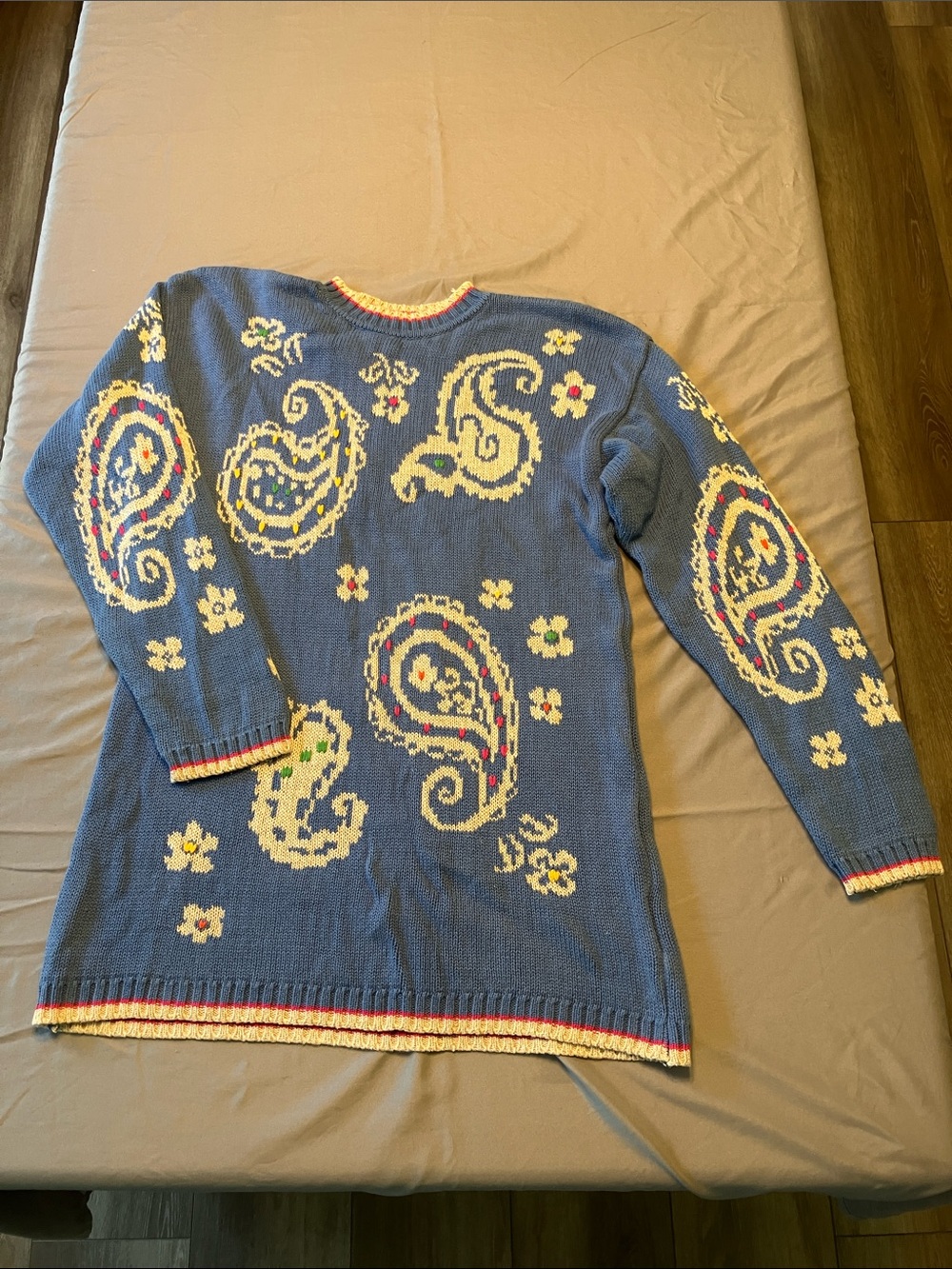 Blue Paisley Crewneck Sweater with Cream Accents